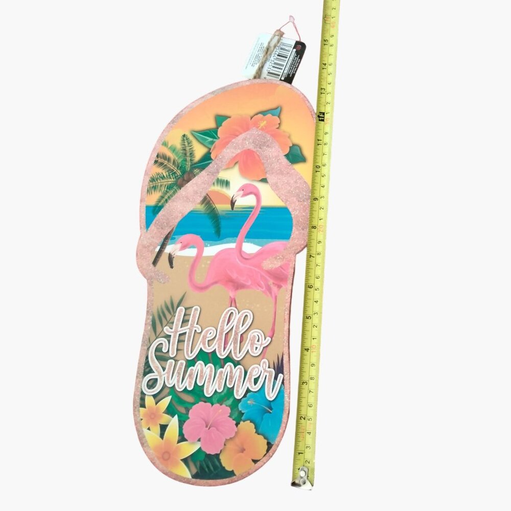 Flip Flop Hello Summer Sign Tropical Flamingos Luau Beach Patio Pool Tiki - Picture 6 of 7